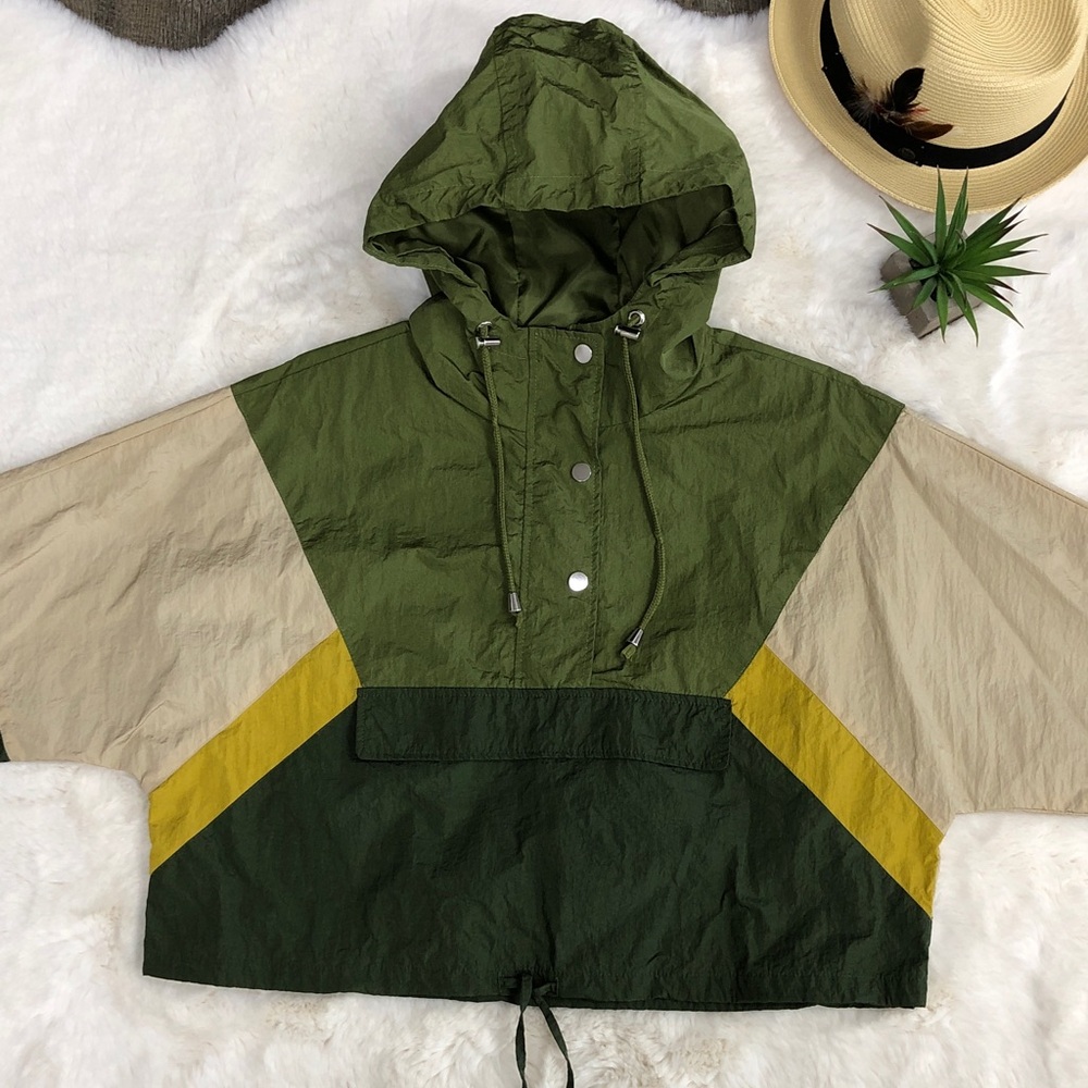 CiSono Army Green Colorblock Combo Wind Rain Jacket Pullover Hoodie